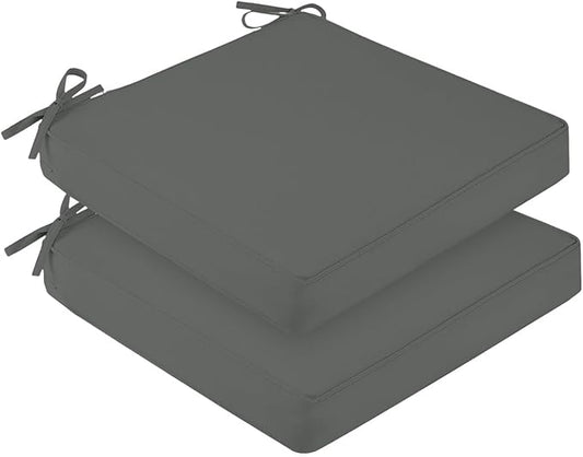 downluxe Outdoor Chair Cushions for Patio Furniture, Waterproof Square Corner Memory Foam Patio Chair Cushion with Adjustable Ties and Portable Handle, 19" x 19" x 3", Dark Grey, 2 Pack