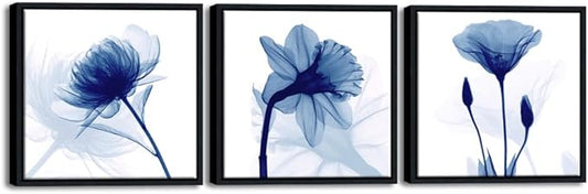 Wieco Art Framed Blue Abstract Flowers 3 Panels Canvas Prints Wall Art Modern