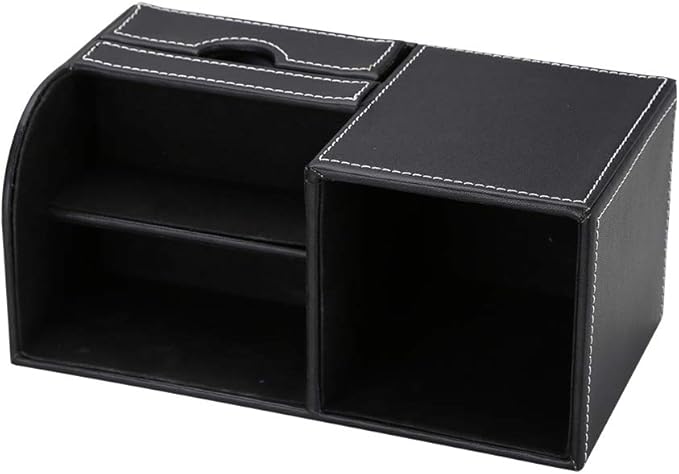 KINGFOM Desk Organizer Office Supplies Caddy Pu Leather Multi-function Storage Box Pen/Pencil,Cell phone, Business Name Cards Remote Control Holder with Small Drawer Black