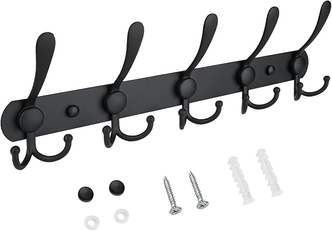 TICONN Wall Mounted Coat Rack, Five Heavy Duty Tri Hooks All Metal Construction