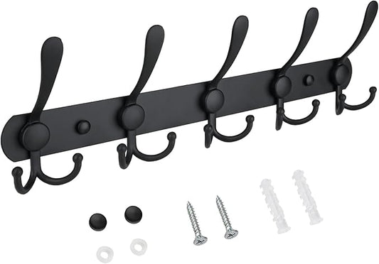 TICONN Wall Mounted Coat Rack, Five Heavy Duty Tri Hooks All Metal Construction