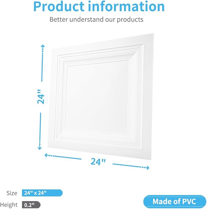 Art3d 12-Pack Square Drop Ceiling Tile 2ft x 2ft in White, PVC Ceiling Panel 24