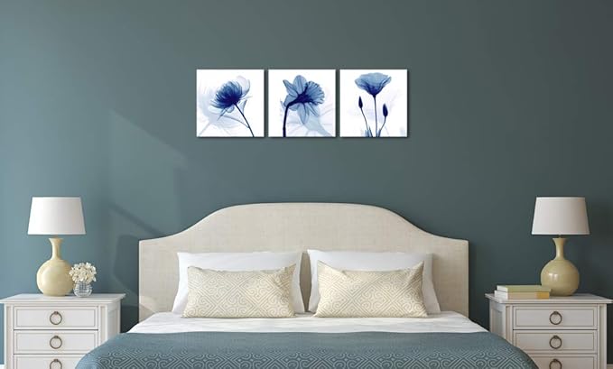 Wieco Art Blue Abstract Flowers 3 Panels Giclee Canvas Prints Wall Art Modern