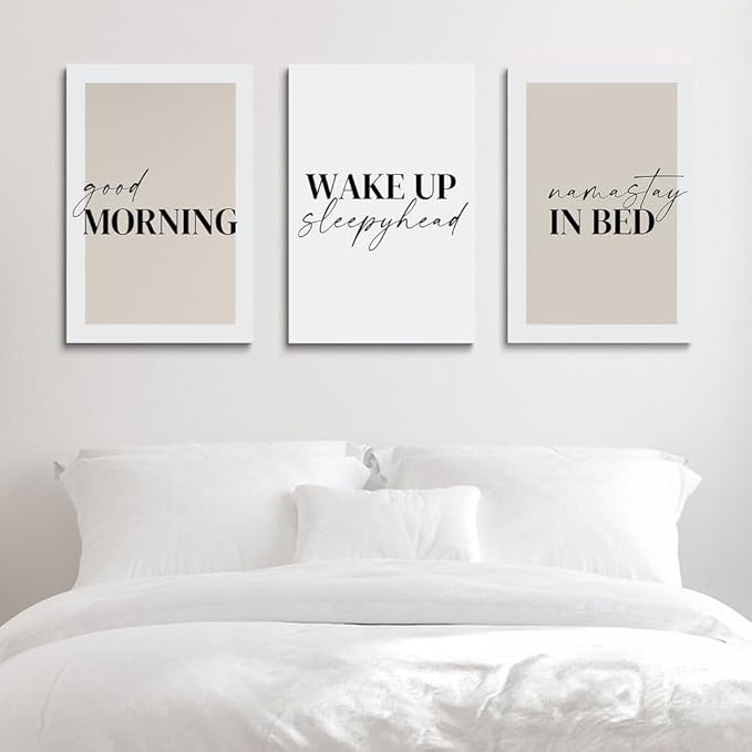 GUBIYU Bedroom Prints Set of 3, Above Bed Decor, Good Morning Namastay in Bed