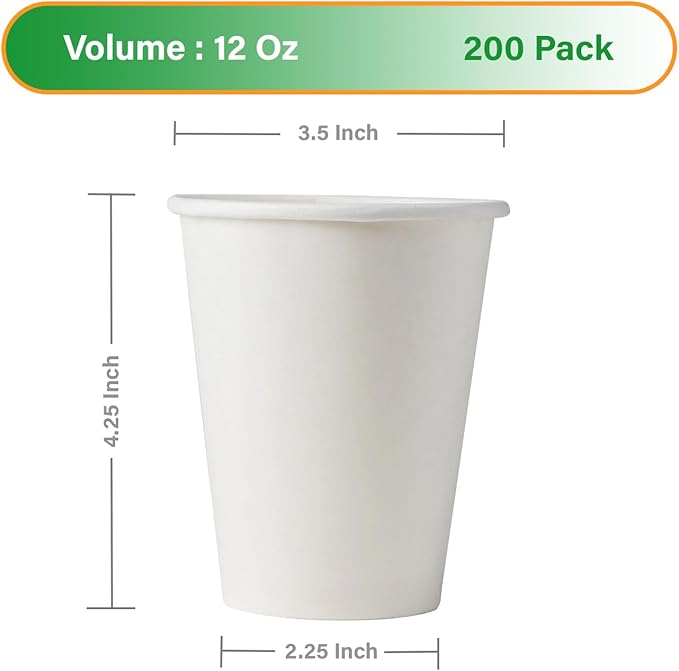 White Paper Coffee Cups – 12 Oz. [200 - Pack] Disposable Hot & Cold Beverage Cups | Durable Paper Cups for Hot and Cold Coffee, Water, Juice, Tea & More – Ideal for Office, Parties, Home & Travel Use