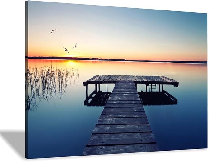 Hardy Gallery lake wall art pier picture: scenic nature canvas wall art lake scene artwork dock scenery wall decor painting - sunset landscape prints for bedroom house 36"x24"