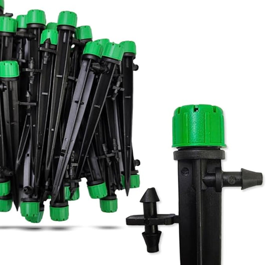 (100-PACK) - 1/4" Inch 360 Degree Drip Emitter On 6" Stake Sprayer Adjustable Flow 0-20 GPH, Fits 1/4 (4-6mm) Irrigation Tubing - Micro Bubbler Drippers for Drip Irrigation (50 Pack Dripper on Stake)
