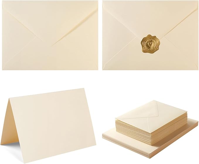 50 Pack Cream A6 Envelopes with Cards 4x6 Thick Folded Cardstock and Gold Stickers for Greeting Cards, Wedding, Birthday, Invitations, Baby Showers (Cream, 4x6)