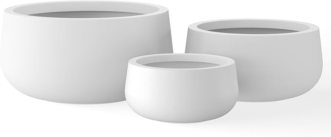 Kante 19.6",15.7",11.8" Dia Round Concrete Planters Set of 3, Outdoor Indoor Garden Plant Pots with Drainage Hole and Rubber Plug, Modern Curvaceous Design, Pure White