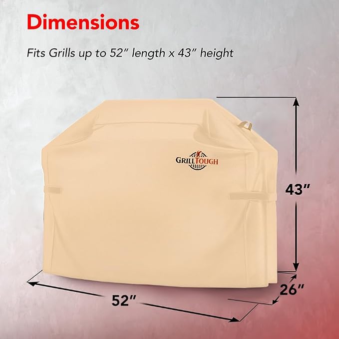 GrillTough Heavy Duty BBQ Grill Cover for Outdoor Grill, 52 Inch – Waterproof, Weather Resistant, UV & Fade Resistant with Adjustable Straps – Gas Grill Cover for Weber, Genesis, Charbroil, etc. Tan