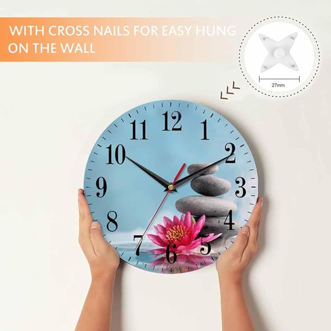 Mxocom Meditation Wall Clock Water Lily and Zen Stone Natural Still Relax 10