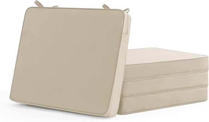 Outdoor Chair Cushions Set of 4: Waterproof & Fade Resistant Seat Cushion for Patio Furniture - 19 x 19 x 2 Inch Chair Pads with Ties and Hidden Zipper - Patio Chair Cushion Replacement, Beige