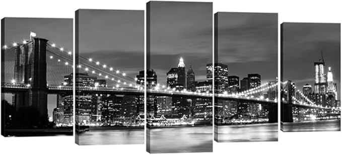 Wieco Art Large Brooklyn Bridge Night View Modern Giclee Canvas Prints Artwork