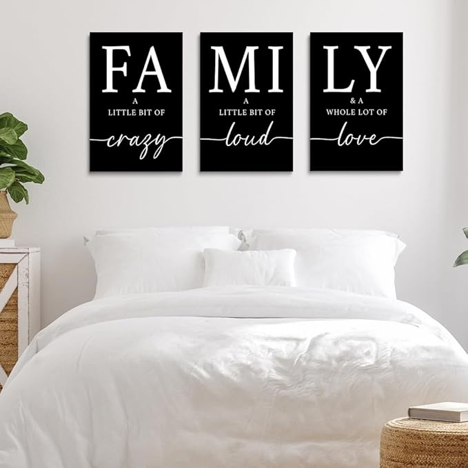 GUBIYU Black Home Dining Room Wall Art Set of 3 Family Sign Prints Canvas