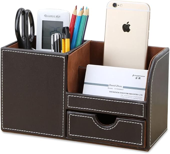KINGFOM Desk Organizer Office Supplies Caddy Pu Leather Multi-function Storage Box Pen/Pencil,Cell phone, Business Name Cards Remote Control Holder with Small Drawer Brown