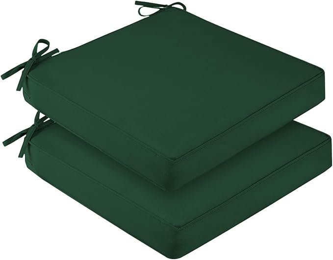 downluxe Waterproof Outdoor Chair Cushions Set of 2, 19" x 19" x 3" Patio Chair Cushion with Non-Slip Ties & Handle, Square Outdoor Cushion for Patio Furniture with Removable Cover, Forest Green