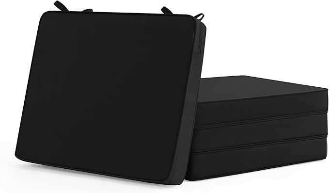 Outdoor Chair Cushions Set of 4: Waterproof & Fade Resistant Seat Cushion for Patio Furniture - 19 x 19 x 2 Inch Chair Pads with Ties and Hidden Zipper - Patio Chair Cushion Replacement, Black