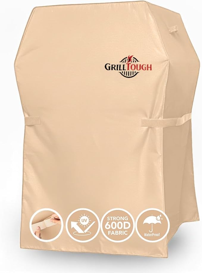 GrillTough Heavy Duty BBQ Grill Cover for Outdoor Grill, 30 Inch â Waterproof, Weather Resistant, UV & Fade Resistant with Adjustable Straps â Gas Grill Cover for Weber, Genesis, Charbroil, etc. Tan
