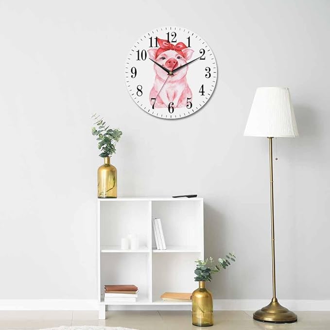 Mxocom Pink Pig Wall Clock Funny Cartoon Pig Wearing Red Bandana 10 Inch Silent
