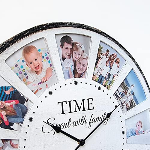 12 Photo Collage Family Wood Wall Clock, Rustic Farmhouse Wall Clock, Large
