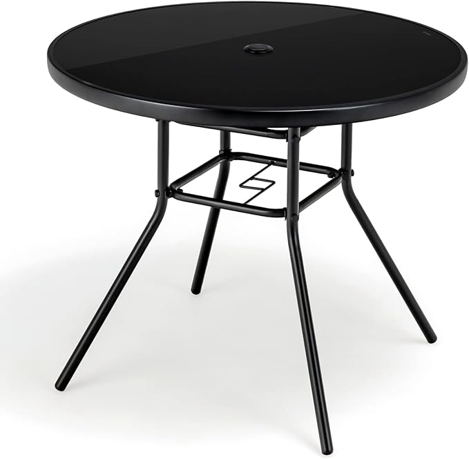 Tangkula 34 Inch Patio Dining Table, Round Tempered Glass Table with 1.5â Umbrella Hole, Heavy-Duty Metal Frame, Outdoor Metal Dining Table for Garden, Balcony, Porch