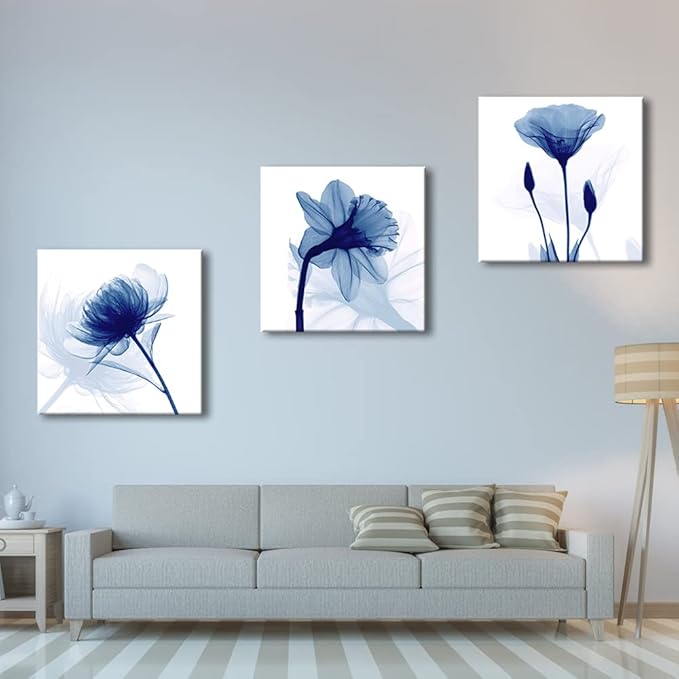 Wieco Art Blue Flowers 3 Panels Canvas Print Wall Art Modern Pictures Artwork