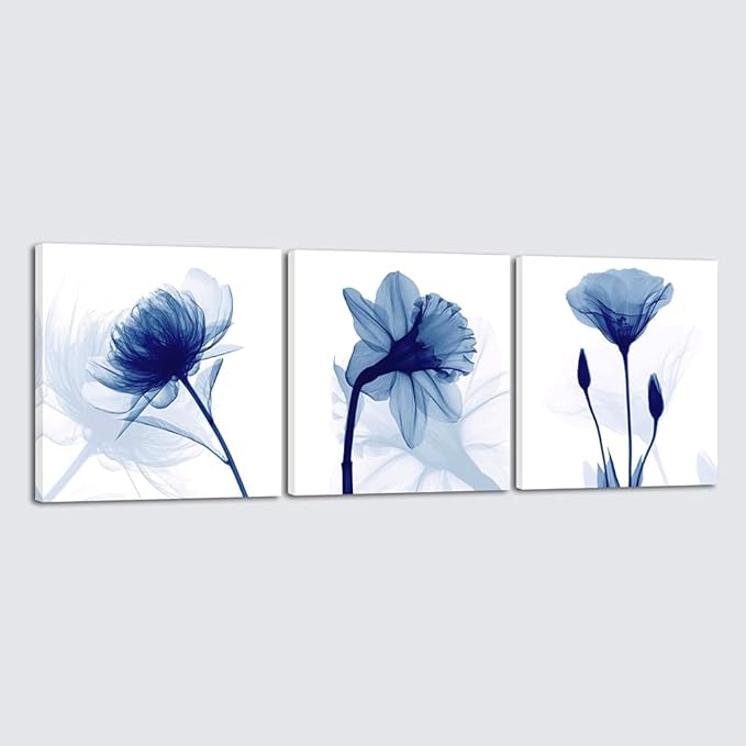 Wieco Art Blue Abstract Flowers 3 Panels Canvas Prints Wall Art Modern Pictures