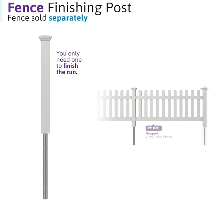 3ft Tall (1 Post) Fence Finishing Post for WamBam Newport No Dig White Picket Fence, Easy Install Outdoor Support for Backyard or Patio, Yard Enclosure Component, No Dig Panels, ZP19003