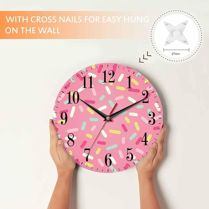 Mxocom Pink Donut Glaze Wall Clock Ice Cream Chocolate Colorful Sprinkles 10