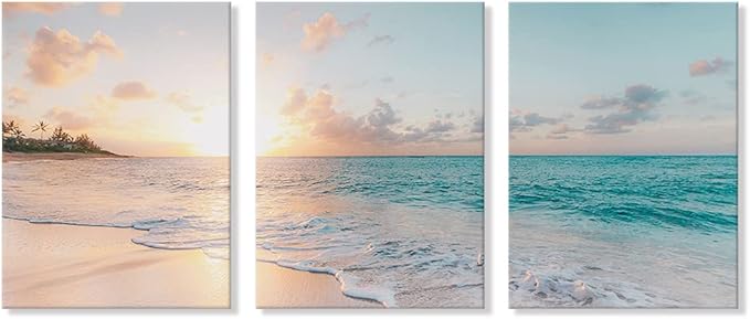 Goldfoilart 3 Pieces Beach Wall Art Sunset Bathroom Canvas Pictures Ocean Wall