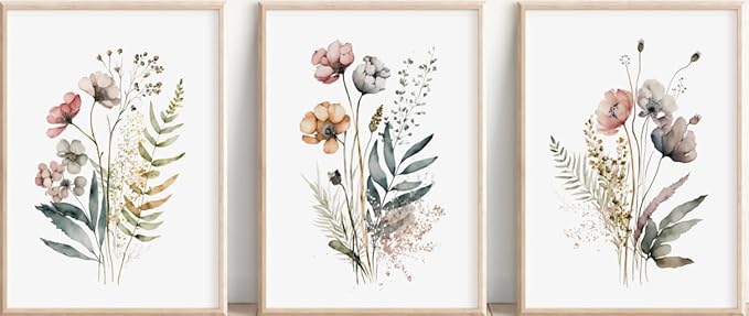 3Pcs Wood Framed Botanical Canvas Wall Art Wildflower Prints Floral Painting