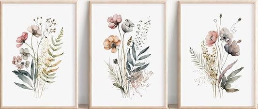 3Pcs Wood Framed Botanical Canvas Wall Art Wildflower Prints Floral Painting