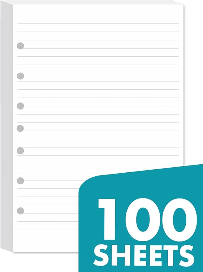 7-Hole Lined Filler Paper Pack of 100 Sheets for Mini Binders, College Ruled, 5-1/2" x 8-1/2", White