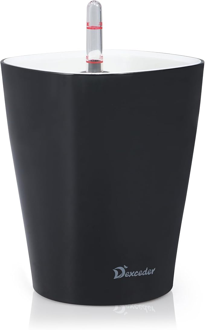 Dexceder 6x7 Self Watering Planter Indoor Outdoor, High Gloss Table Flower Plant Pot with Water Level Indicator (Black)