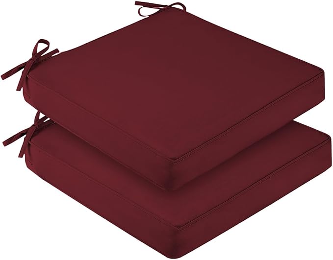 downluxe Waterproof Outdoor Chair Cushions Set of 2, 19" x 19" x 3" Patio Chair Cushion with Non-Slip Ties & Handle, Square Outdoor Cushion for Patio Furniture with Removable Cover, Burgundy