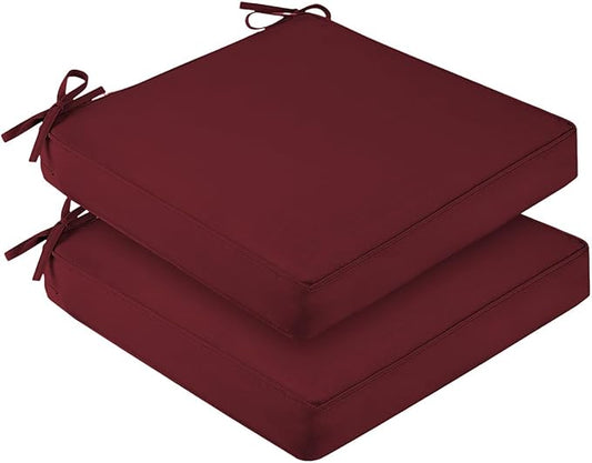 downluxe Waterproof Outdoor Chair Cushions for Patio Furniture, 22" x 22" x 3" Patio Chair Cushion with Adjustable Ties & Portable Handle, Square Outdoor Cushion with Removable Cover, Burgundy, 2 Pack