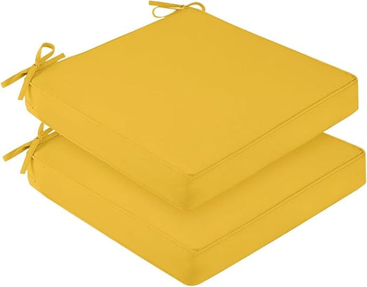 downluxe Waterproof Outdoor Chair Cushions for Patio Furniture, 22" x 22" x 3" Patio Chair Cushion with Adjustable Ties & Portable Handle, Square Outdoor Cushion with Removable Cover, Yellow, 2 Pack