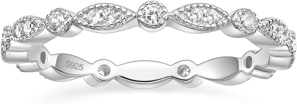 EAMTI 925 Sterling Silver Wedding Band for Women Cubic Zirconia Marquise & Round Milgrain Full Eternity Stackable Ring Size 3-13
