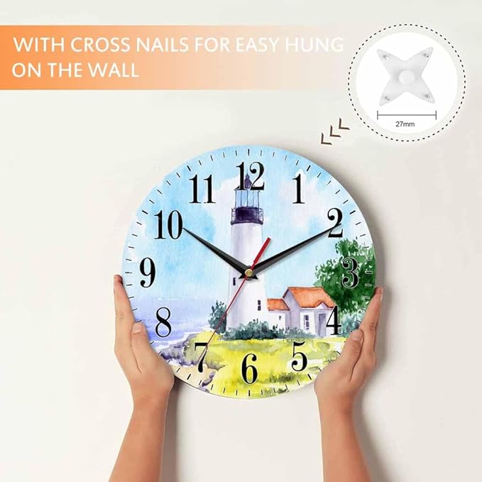 Mxocom Watercolor Lighthouse Wall Clock Building Green Hill Blue Skies House