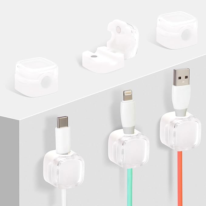 Magnetic Cable Clips Cord Organizer Holder, 6 Pack Adhesive Wire Holder Keeper Organizer USB Charging Cable Storage Holder for Home Office Phone Car Wall Desktop Nightstand Kitchen (White)