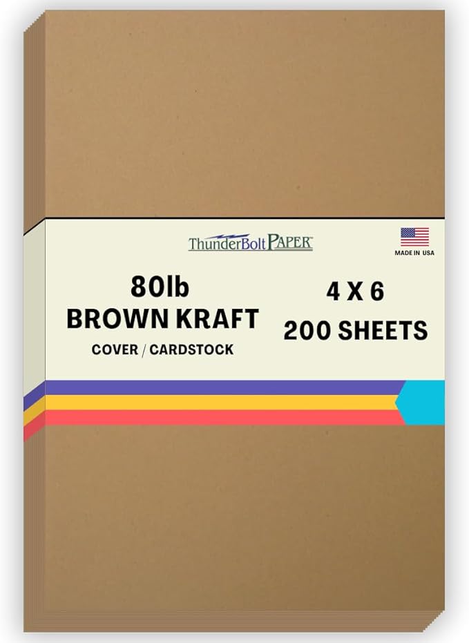 200 Brown Kraft Fiber 80# Cover Paper Sheets - 4" X 6" (4X6 Inches) Photo|Card|Frame Size - Rich Earthy Color with Natural Fibers - 80lb/Pound Cardstock - Smooth Finish