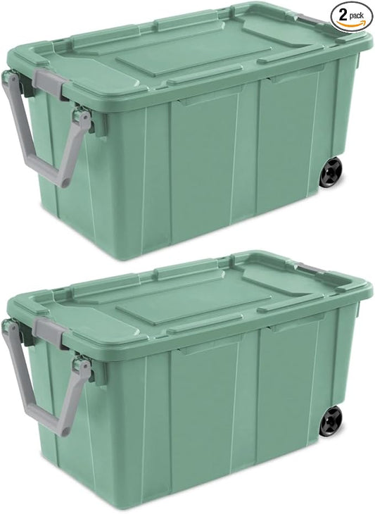 Plastic Storage Bin, 40 Gallon Lidded Stackable Storage Box with Latch Lid, Light Green, 2 Count