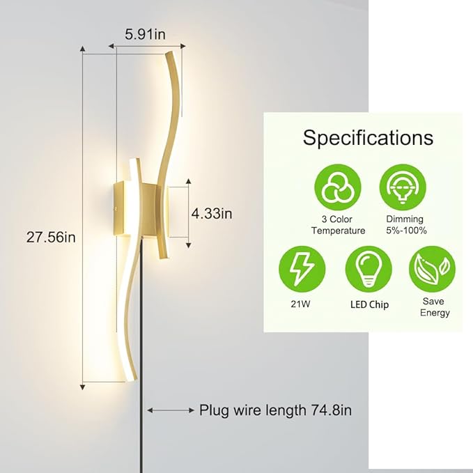Daunton Modern Plug in Wall Sconce Set of 2, 3CCT Adjustable & Memory Function
