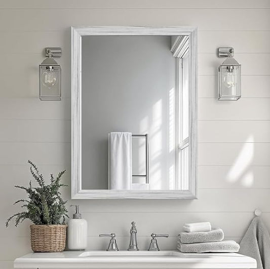 White Wood Effect Framed Wall Mirror, 24x32 Rectangle Mirror, Anti-desilvering
