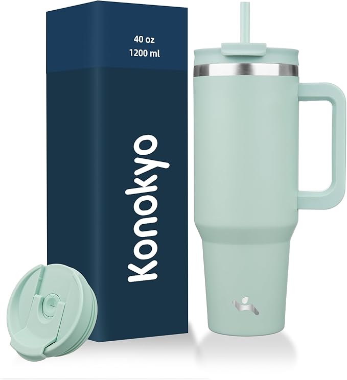 40 oz Tumbler with Handle and 2 Straws,2 in 1 Lid Insulated Water Bottle Stainless Steel Travel Coffee Mug,Retro Green