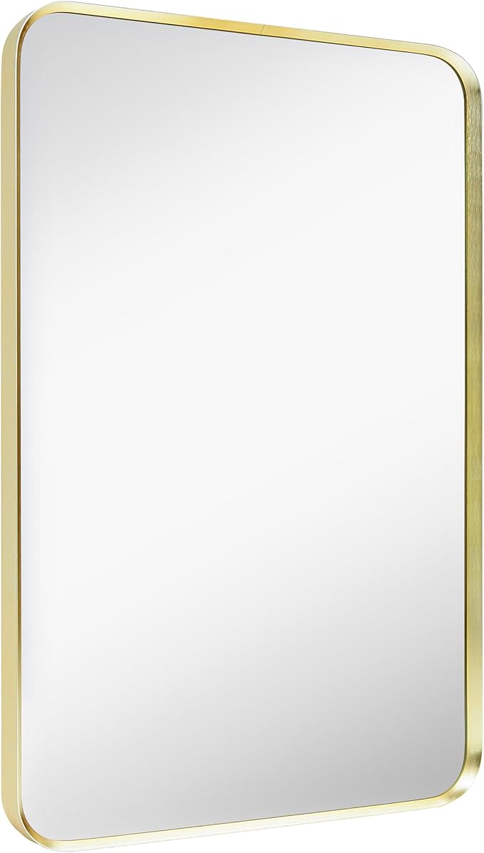 Wall Mount Mirror for Bathroom, Brushed Gold Metal Framed Rounded Corner