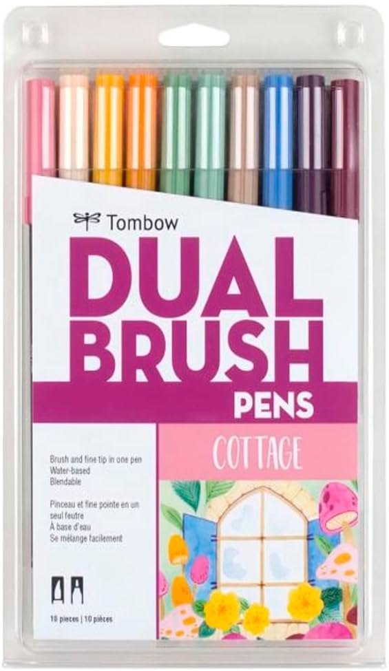 Tombow 56216 Dual Brush Pen Art Markers, Cottage, 10-Pack. Blendable, Brush and Fine Tip Markers