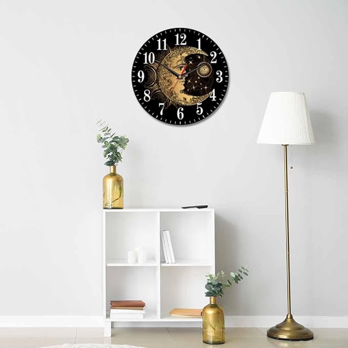 Mxocom Crescent Moon Wall Clock Boho Chic Golden Sun Ethnic Retro Night Black