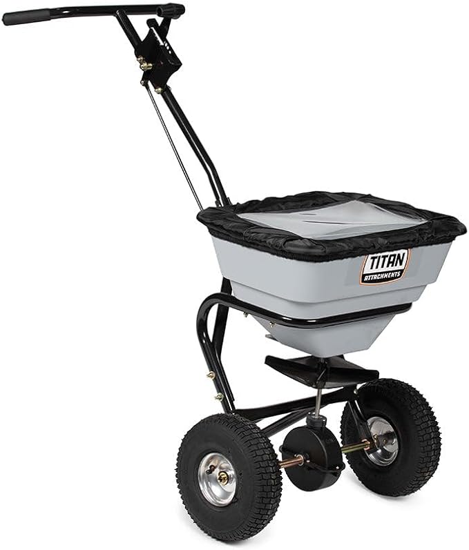 Titan Attachments 70 LB Professional Fertilizer Push Broadcast Spreader, Spreads 10 to 12 FT, Lawn Care and Ice Melter, Yard Tool