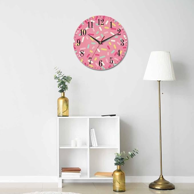 Mxocom Pink Donut Glaze Wall Clock Ice Cream Chocolate Colorful Sprinkles 10